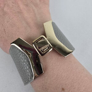 Gold Tone Grey Vegan Leather Snap Bracelet